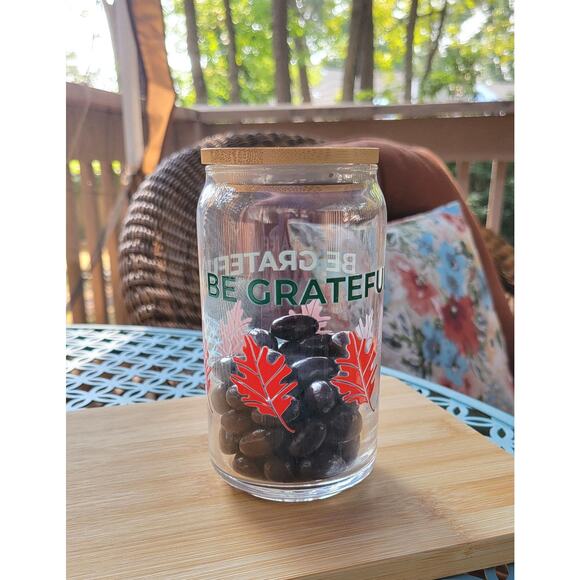 Eco-Friendly Gratitude Jar: Glass Can-shaped glass w/bamboo lid and metal straw, - Picture 5 of 10